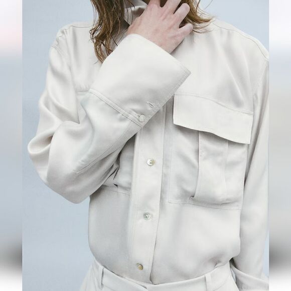 New H&M Pompette Gray Dusty Light Silk Blend Utility Shirt Size XL Oversized - Picture 5 of 14